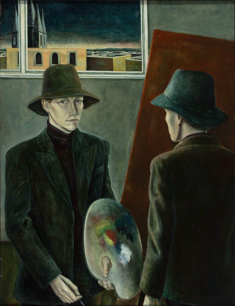 Selbst mit Hut und Palette, 1983, 99,5 x 77, Eitempera, Öl auf Leinwand, Wvz 046