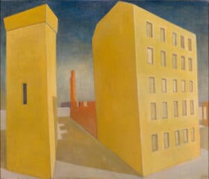 Häuser, gelb, 1999, 65 x 100, Eitempera, Öl auf Leinwand, Wvz 143